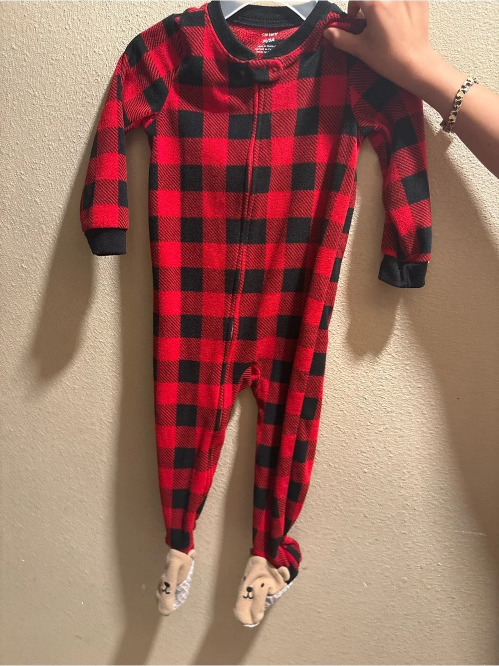 Red and Black Buffalo Plaid Kids One-Piece Footed Pajamas